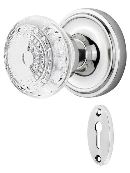 Classic Rosette Mortise-Lock Set with Meadows Crystal-Glass Knobs in Polished Chrome.